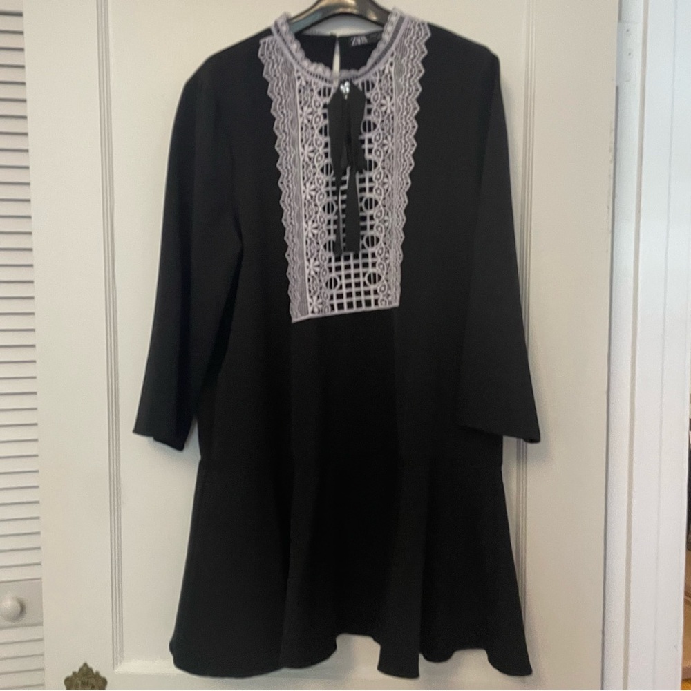 Zara Black Dress with White Lace Detail
